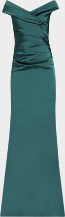 Teri Jon Pleated Off-Shoulder Satin Column Gown