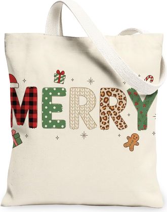 Generic Merry Gifts Canvas Tote Bags, Holiday Plant Pattern Reusable Grocery Bags, Winter Lightweight Washable Shoulder Strap, Cream, 13x15 Inch
