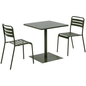 Sweeek Square steel bistro garden table 70 cm+ 2 chairs, khaki green - Orea + Amelia