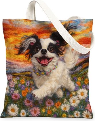 Generic Spring Springer Spaniel Dog Canvas Tote Bag for Shopping 13x15, Knitting Style Garden Puppy Reusable Grocery Print Bag for Women, Fun Pet Beach Aesthe