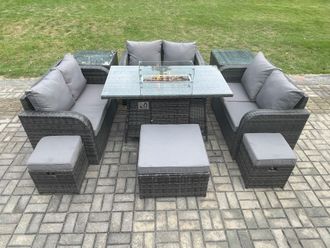 Fimous Outdoor Rattan Furniture Garden Dining Set Gas Fire Pit Table with 2 Side Tables Love Sofa 3 Footstools Dark Grey Mixed