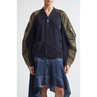 sacai Mixed Media Knit & Nylon Twill Cardigan in Navy/Dark Khaki at Nordstrom, Size 1