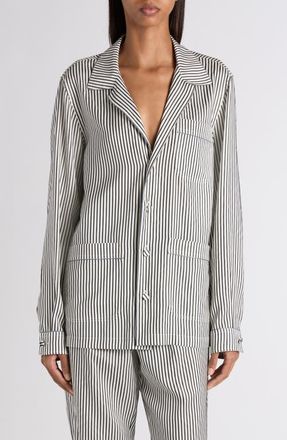 Tom Ford Stripe Silk Button-Up Pajama Shirt in Black/White at Nordstrom, Size 10 Us