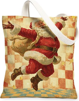 Generic Vintage Santa Canvas Tote Bags, Holiday Cheer Lightweight Washable Shoulder Strap Canvas Bags for Grocery Shopping, Outdoor, Red, 13x15 Inch
