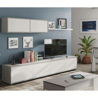 Dmora Dmora - Pared Equipada Dmatej, Mueble De Tv Para Sal&oacute;n, Composici&oacute;n Del Juego De Sala, Juego De Sal&oacute;n Con Mueble Alto, 200x41h43 Cm, Blanco Y Cemento