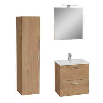 Vitra Mia Conjunto De Mobiliario Para Ba&ntilde;o 59x61x39,5 Cm Con Espejo, Lavabo E Iluminaci&oacute;n Led + Mueble De Ba&ntilde;o 145x35x35 Cm, Roble