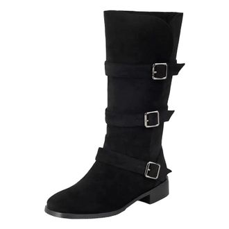 Generic Womens Retro Mid Calf Boots Round Toe Med Block Heel With Platform And Adjustable Side Buckle Strap Closure