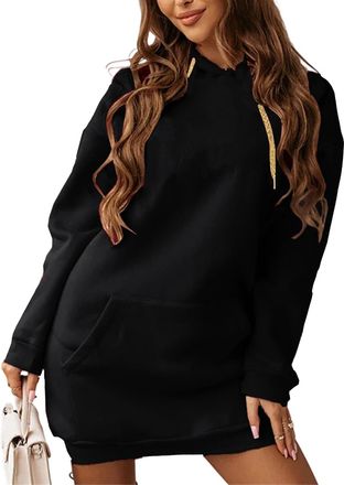 Generic Hoodies for Women UK Long Sleeve Hooded Sweatshirt Dress Casual Loose Fit Pullover with Pocket Drawstring Fashion Oversized Womens Jumpers Black L