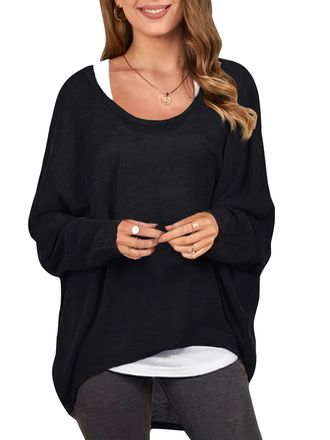 Zanzea Womens Off The Shoulder Batwing Tops Casual Loose Oversized Tshirts Long Sleeve Fall Pullover Sweater Tops, Black, Large