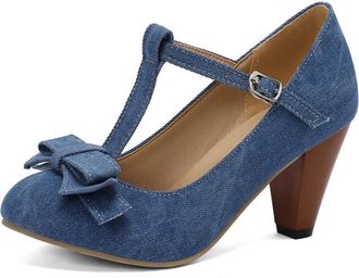 Generic Women Denim T Strap Pumps Round Toe Pointed Heel Bow Decor Adjustable Buckle Ankle Strap Non Slip Durable Comfortable Dress Party Shoes,Blue,10.5 UK