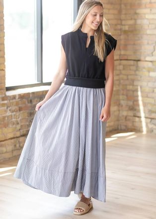 Elan Mixed Media Maxi Dress In Black White Stripe