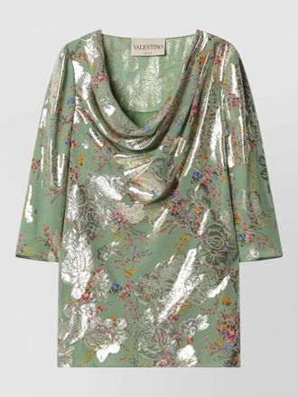 Valentino dress metallic finish draped neckline flowers