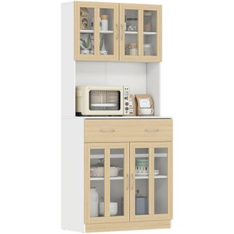 HOMCOM Homcom Alacena De Cocina Con 4 Puertas De Vidrio, Encimera Abierta Para Microondas, Caj&oacute;n, Estantes Ajustables, 80x40x180 Cm, Blanco Y Natural