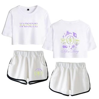Generic Katseye Merch Soft is Strong Katseye Touch Tops Women Midriff-Baring Fitted Crop Sets Gym Shirt Short Pants (3,XS)