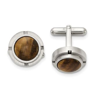 Diamond2Deal Stainless Steel Brushed and Polished with Tigers Eye Circle Cufflinks