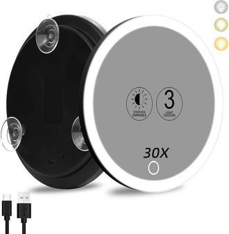OEM Espejo Con Aumento De 30x Y Luz Led, 10 Cm De Di&aacute;metro, 3 Colores De Iluminaci&oacute;n, Montaje Con Ventosa, Para Un Maquillaje Preciso
