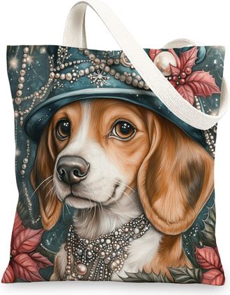 Generic Vintage Christmas Beagle Dog Canvas Tote Bag for Shopping 13x15, Retro Xmas Puppy Reusable Grocery Print Pattern Bag for Women, Pet Beach Aesthetic Pa