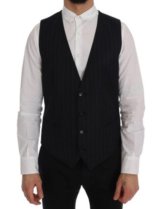 Dolce & Gabbana Mens Navy Pinstripe Vest - Black Wool - Size EU 50 (Mens)