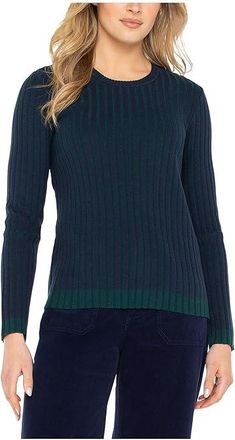 Liverpool L.A. Long Sleeve Crew Neck Ribbed Sweater Womens Sweater Navy/Emerald : LG, Cotton/Nylon/Polyester