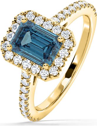 The Diamond Store Annabelle Blue Lab Diamond 1.65ct Emerald Cut Halo Ring in 18K Yellow Gold - Elara Collection