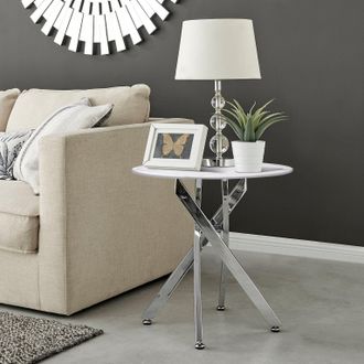Furniturebox Novara Round Marble Effect Glass Top Side Table With Silver Metal Starburst Legs in White