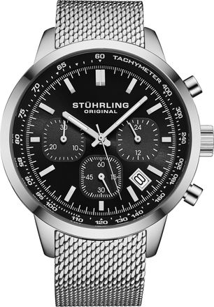 St&uuml;hrling Chronoport 4082 Mens 44mm - Black & Silver Stainless Steel - One Size