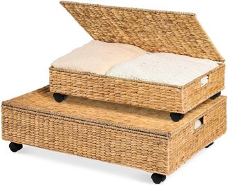 Best Choice Products 2PC Water Hyacinth Nesting Underbed Storage Baskets with Wheels