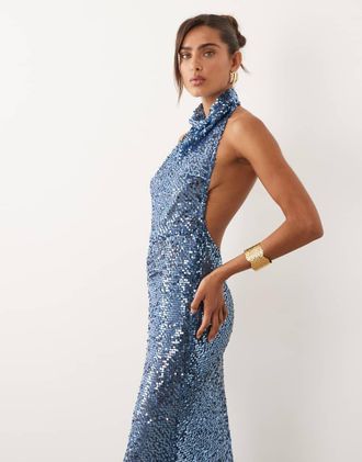 Asos Vestito lungo blu allacciato al collo decorato con paillettes trasparenti