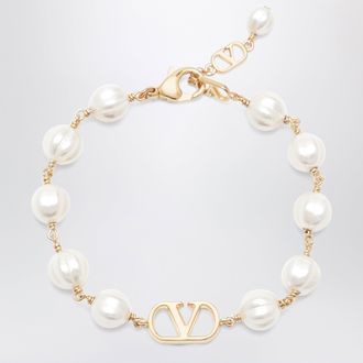Valentino Garavani VLogo Signature bracelet in metal and pearls, gold/cream