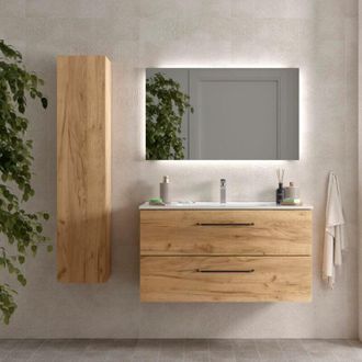 Cygnus Bath Salgar - Mueble De Ba&ntilde;o Morai 100 Cm Roble Con Tirador Negro Con Lavabo