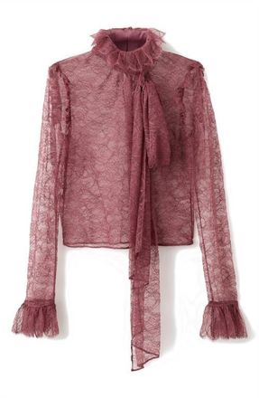 Mango Ruffle Tie Neck Lace Top in Pink at Nordstrom, Size 6