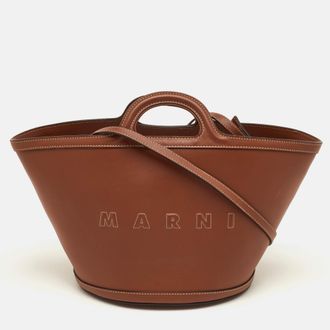 Marni Tropicalia Small Brown Leather Logo Embroidered Tote
