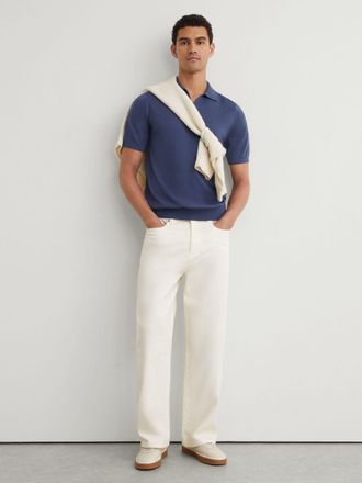 Reiss Surf Blue Merino Wool Open Collar Polo Shirt, Xxl