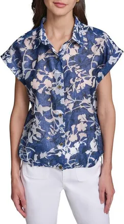 Karl Lagerfeld Floral Bungee Waist Button-Up Shirt in Midnight Navy/soft White at Nordstrom, Size X-Large