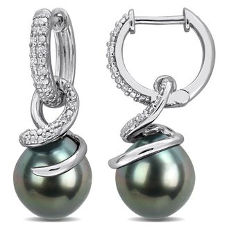 Mimi & Max 8-8.5mm Cultured Tahitian Pearl 1/10ct TW Diamond Swirl Drop Earrings Sterling Silver
