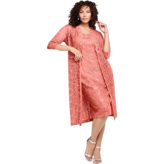 Roaman's Plus Size 3/4 Sleeve Formal Duster Sequin Embellished Lace Dress Set in Desert Coral at Nordstrom, Size 22