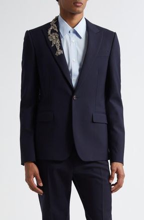 Alexander McQueen Crystal Embellished Peak Lapel Wool Sport Coat in Navy at Nordstrom, Size 38 Us