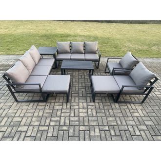 Fimous Fimous Aluminium Outdoor Garden Furniture Lounge Sofa 2 PC Chairs Oblong Coffee Table Sets with Side Table 2 Big Footstool Dark Grey