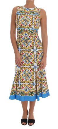 Dolce & Gabbana Womens Majolica Print Dress Aline Midi - White Cotton - Size EU 36 (Womens)