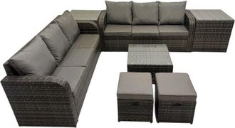 Fimous Rattan Garden Outdoor Furniture Set 3 Seater Sofa Square Coffee Table Set with 2 Side Tables 2 Small Stools Dark Grey Mixed - Fimous