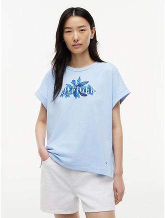 Tommy Hilfiger Womens Floral Hilfiger Logo T-Shirt - Blue - XXL