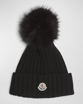 Moncler Ribbed Wool Beanie with Faux Fur Pom