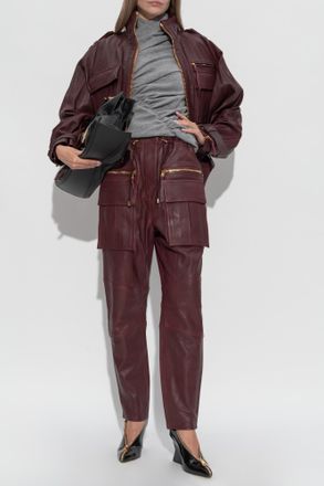 Balmain Leather Trousers, Womens, Burgundy