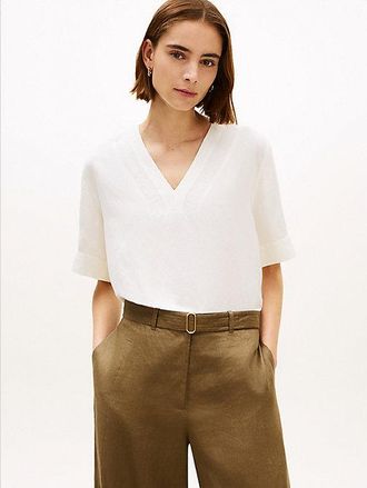 Tommy Hilfiger Relaxed Fit Linen Blend Short Sleeve Blouse