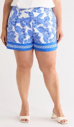Sugarlips Rency Floral Arvery Pleated Shorts in White Blues at Nordstrom, Size 1X