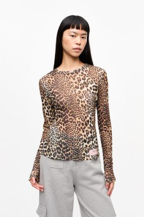 Ganni Leopard Printed Mesh Long Sleeve Blouse - Size 32 Mixed