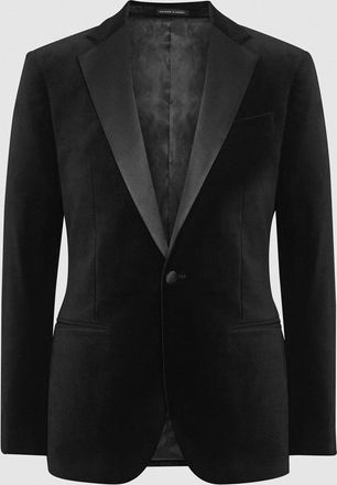 Reiss Ace Mens Black Cotton Single Breasted Velvet Blazer, Size: 36R