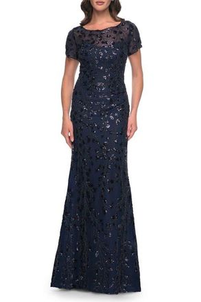 La Femme Beaded Sequin Chic Evening Dress with Illusion Top and Short Sleeves in Navy at Nordstrom, Size 20
