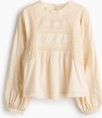 H&M Lace-inset Cotton Blouse in Light Beige at Nordstrom, Size X-Small