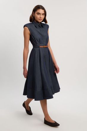 Karen Millen Womens Petite Denim Tailored Belted Collared Full Midi Dress - Indigo Blue - Size 6 UK